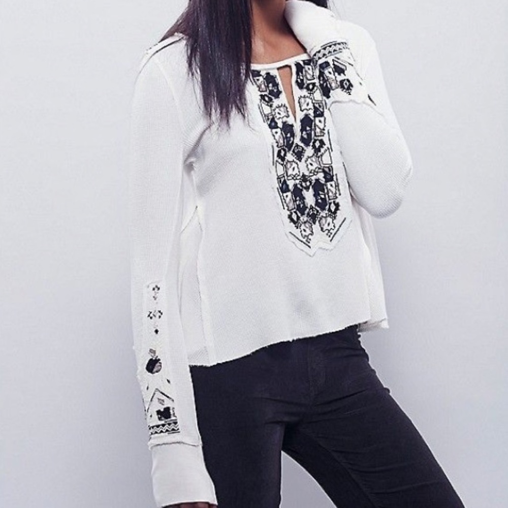 Free People | X Marion Embroidered Cream Top Thermal Long Sleeve Shirt